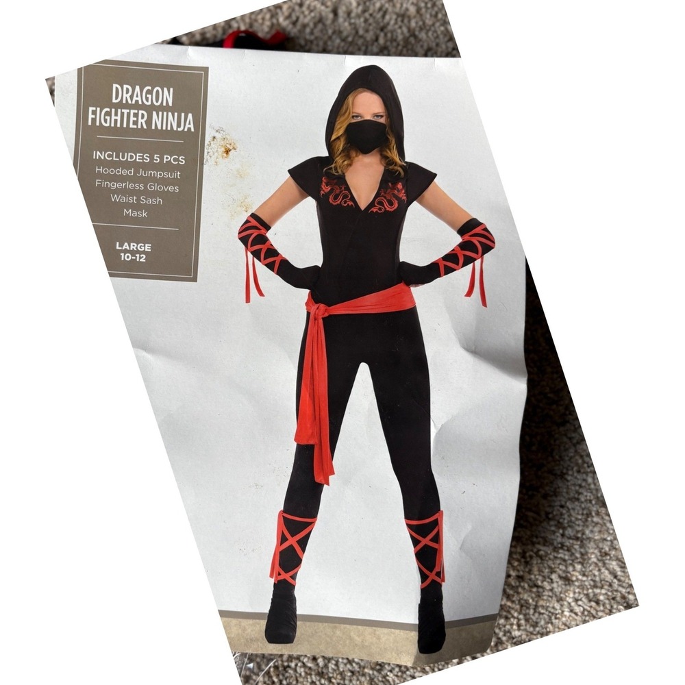 Dragon Fighter Ninja Costume Adult Large 10-12 Black Red Jumpsuit 5pc Set